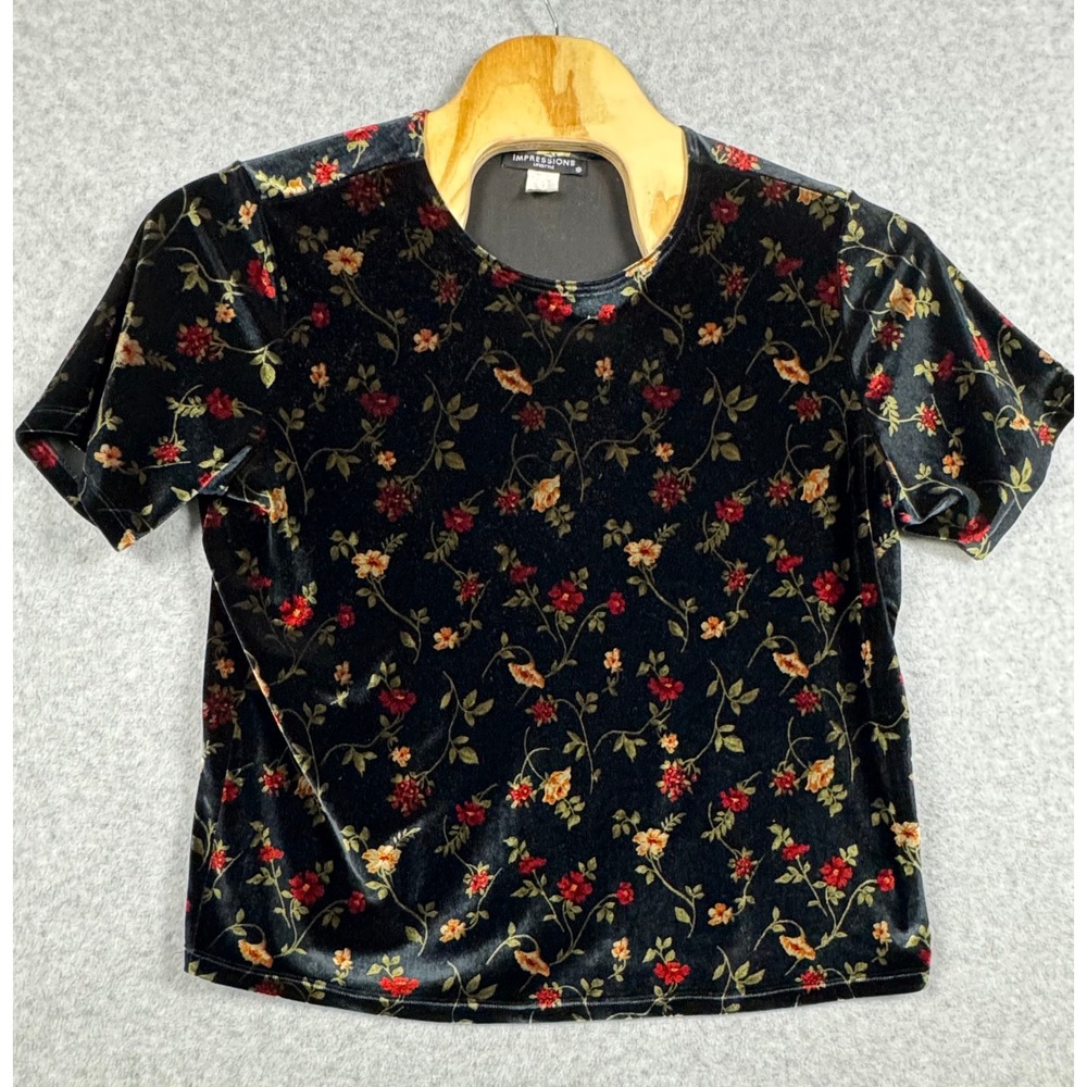 Y2K Impressions Lifestyle Velvet Top Womens XL Black Floral Short Sleeve Vintage